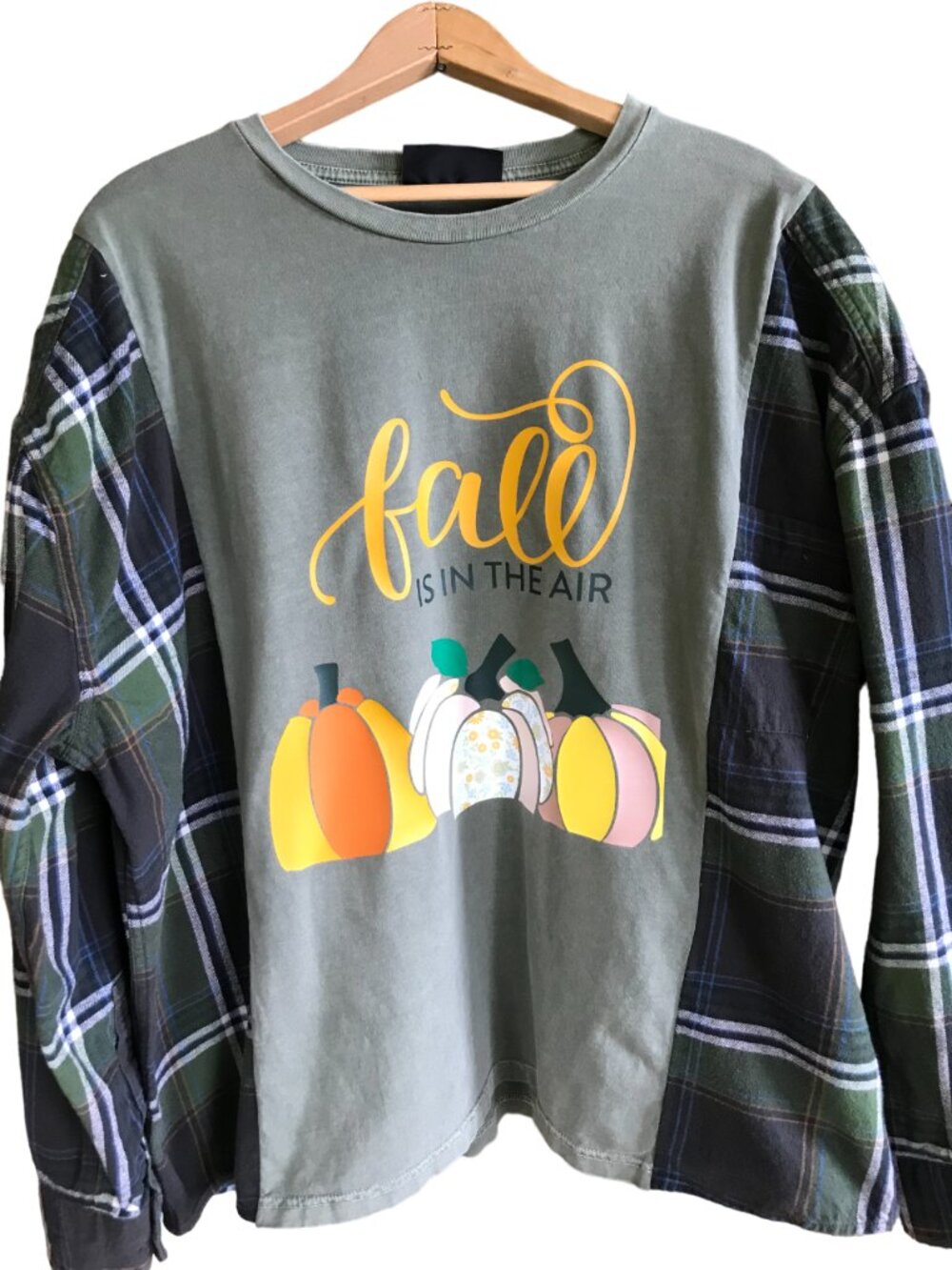 Upcycled Autumn Flannel Shirt Reworked Oversized Pumpkins Graphic Plus Size - Picture 3 of 13
